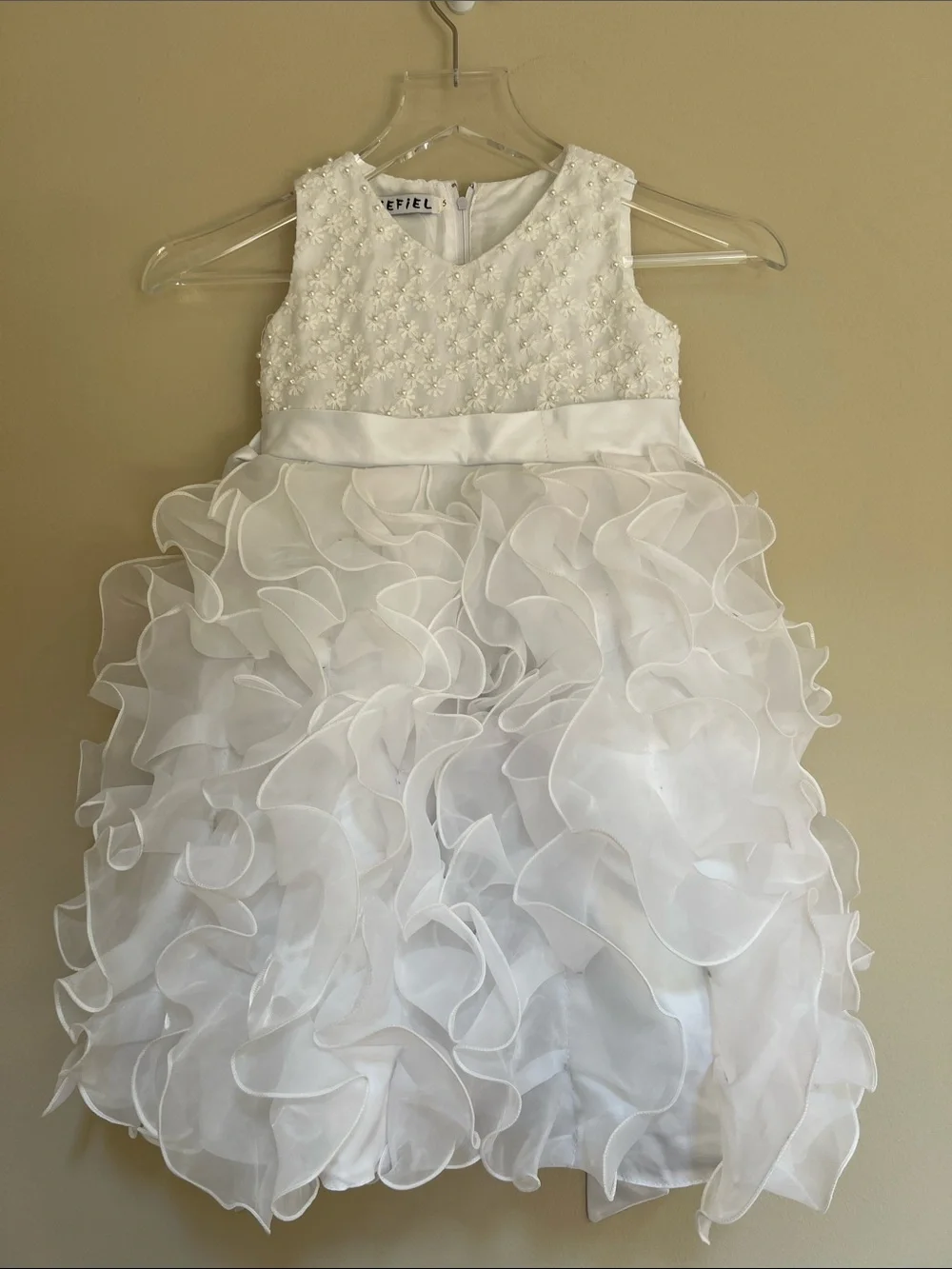 White Ruffled with Pearls Flower Girl Dress 5T